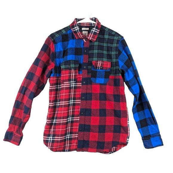 Vintage GAP Black Watch Tartan Plaid Men's Patchwork Flannel Work Over Shirt S - Picture 1 of 9